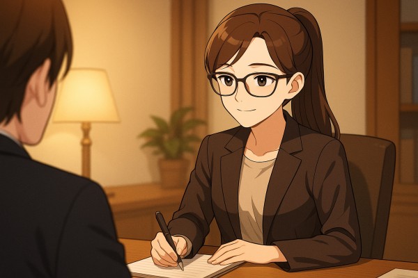 여탐정이 따뜻한 분위기의 사무실에서 의뢰 상담을 진행하는 모습