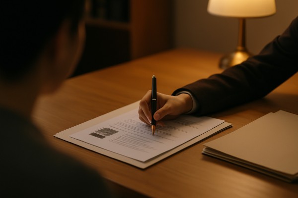 탐정사무소에서 상담 내용을 메모하며 기록하는 모습