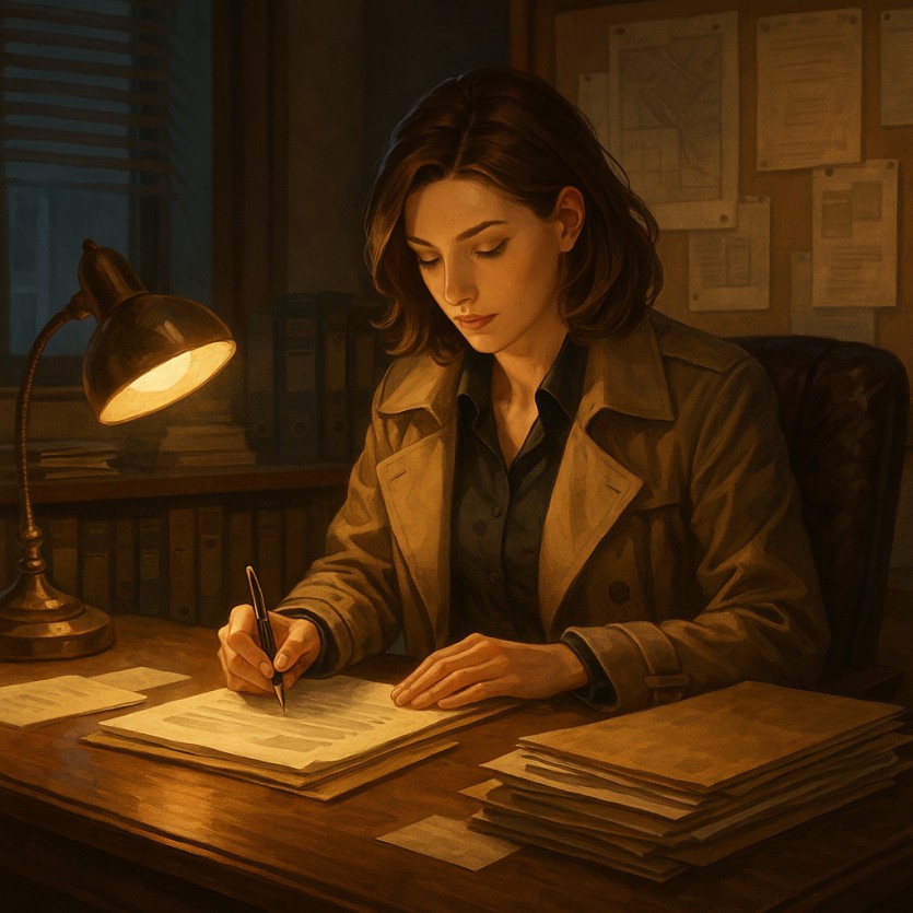 흥신소 의뢰비용 상담 사례를 설명하는 여탐정의 서류 검토 장면