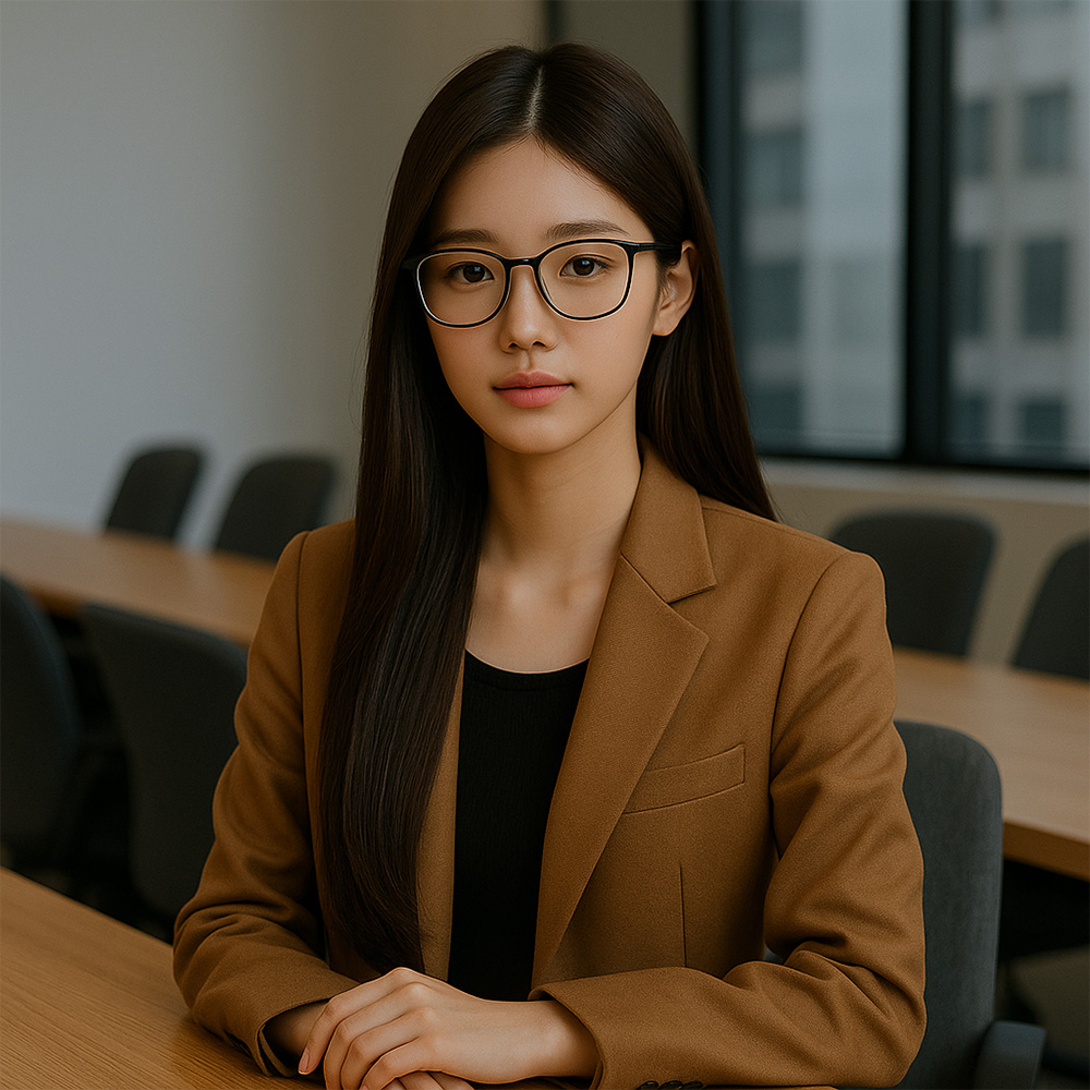 안경을 쓴 여성 탐정이 차분하게 앉아 있는 상담 프로필 이미지