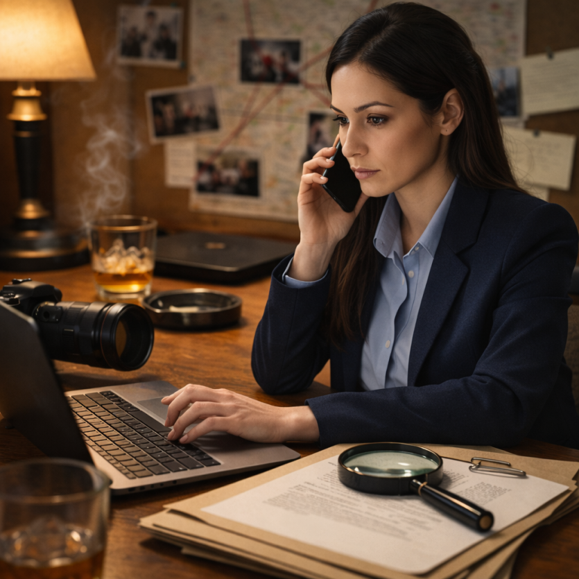 사무실에서 노트북을 사용하며 전화 상담을 진행하는 여성 사설탐정의 실제 업무 장면을 담은 사진