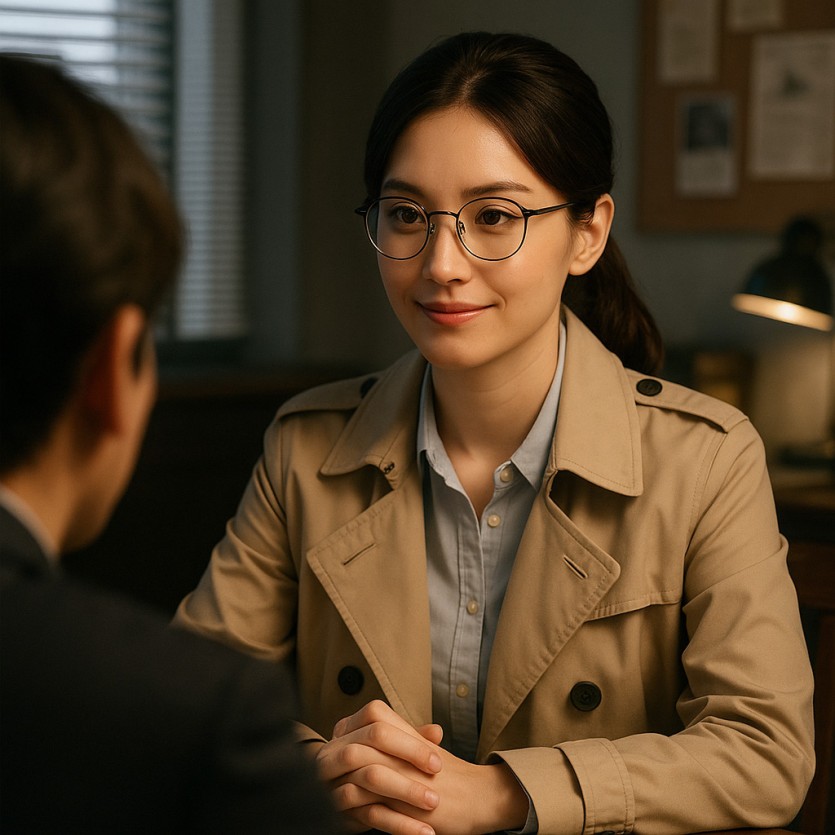 여탐정이 의뢰인과 상담하고 있는 탐정사무소 이미지