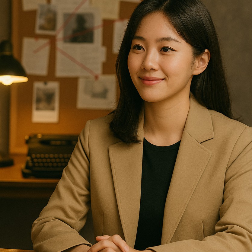 탐정사무소 내부에서 여탐정이 상담을 준비하고 있는 모습