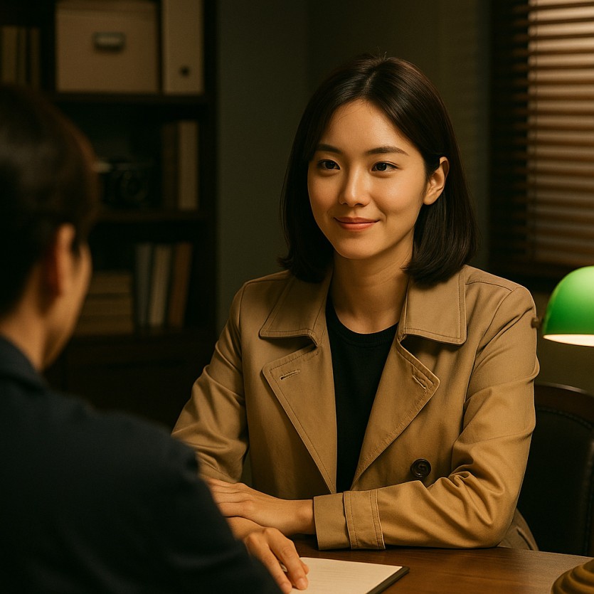 흥신소에서 여탐정이 의뢰인과 상담을 진행하는 모습