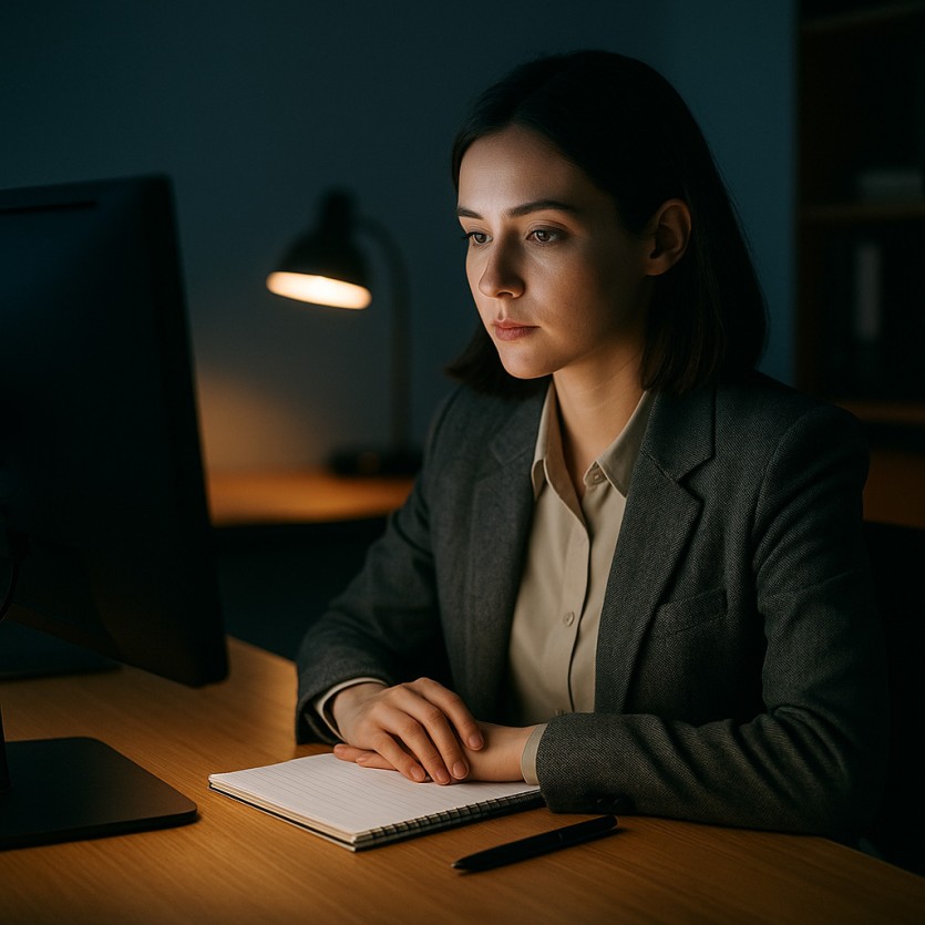 여탐정이 사무실에서 모니터 불빛을 받으며 차분하게 업무를 정리하는 모습