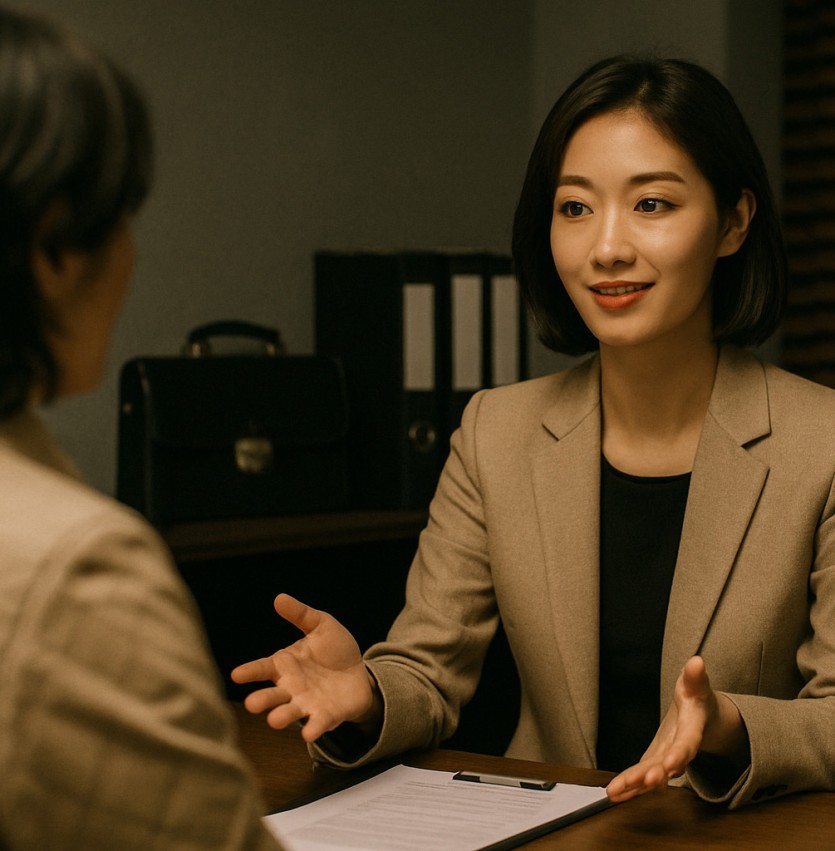 여탐정이 탐정사무소에서 의뢰인과 마주 앉아 상담을 진행하는 장면