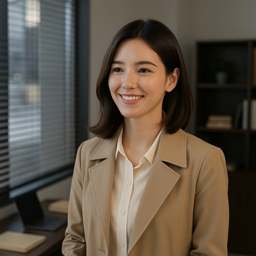 여탐정이 창가에서 미소를 지으며 상담을 준비하는 모습