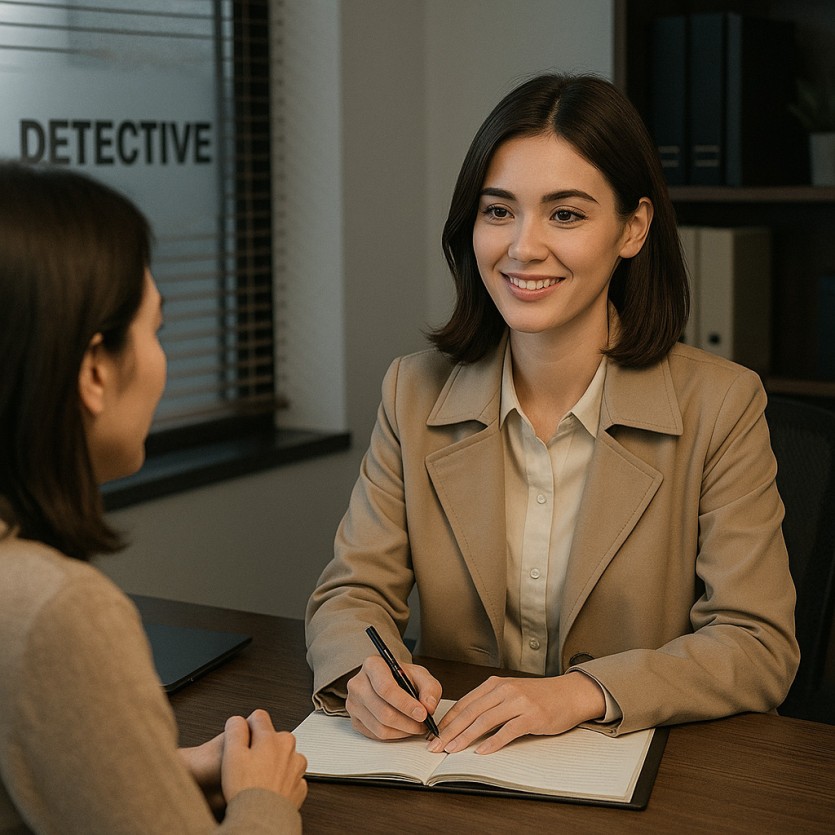 여탐정이 흥신소 책상에서 의뢰인과 상담을 진행하는 장면