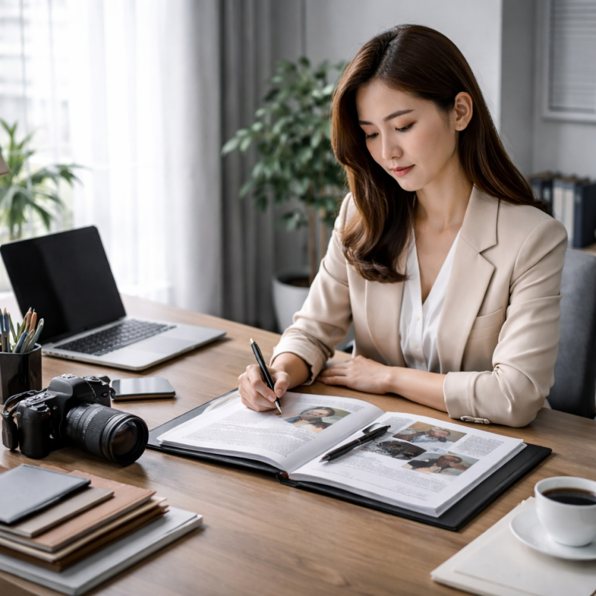 여탐정 흥신소 사무실에서 여탐정이 상담 자료와 사건 기록을 검토하며 업무를 진행하는 실제 촬영 분위기의 이미지
