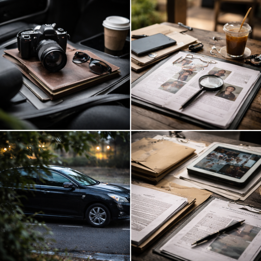 여탐정 흥신소의 외부 조사 활동을 상징하는 이미지로, 차량 이동, 조사 장비, 현장 자료와 기록물이 배치된 실제 업무 환경 분위기의 장면