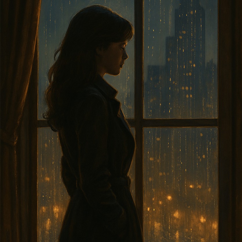 창가에서 비내리는 도시를 바라보는 여탐정의 감성적인 모습