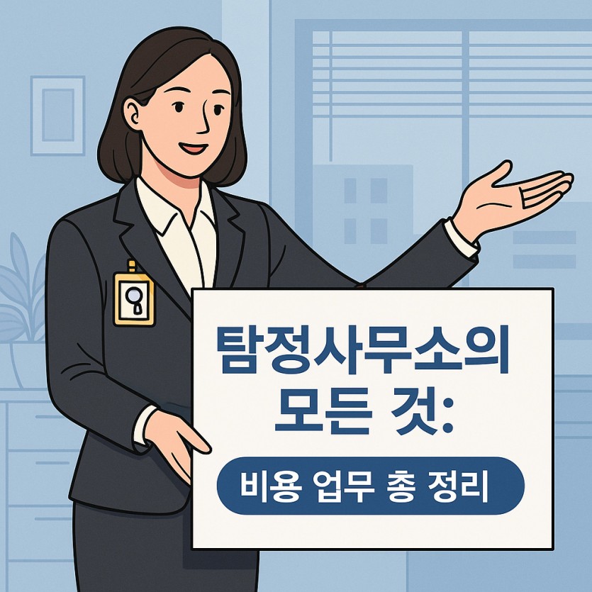 탐정사무소 상담을 안내하는 여성 탐정이 사무실에서 정보를 설명하는 이미지