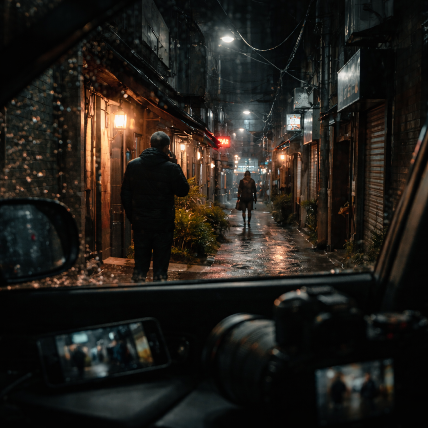 비 오는 밤의 어두운 골목을 차량 내부에서 바라본 장면으로, 젖은 도로와 가로등 불빛이 어우러진 흥신소 조사 분위기의 실제 거리 사진