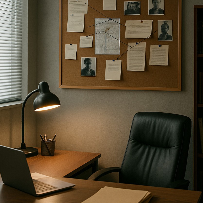 탐정 사무실 책상과 서류, 램프가 놓인 조용한 상담 공간 이미지