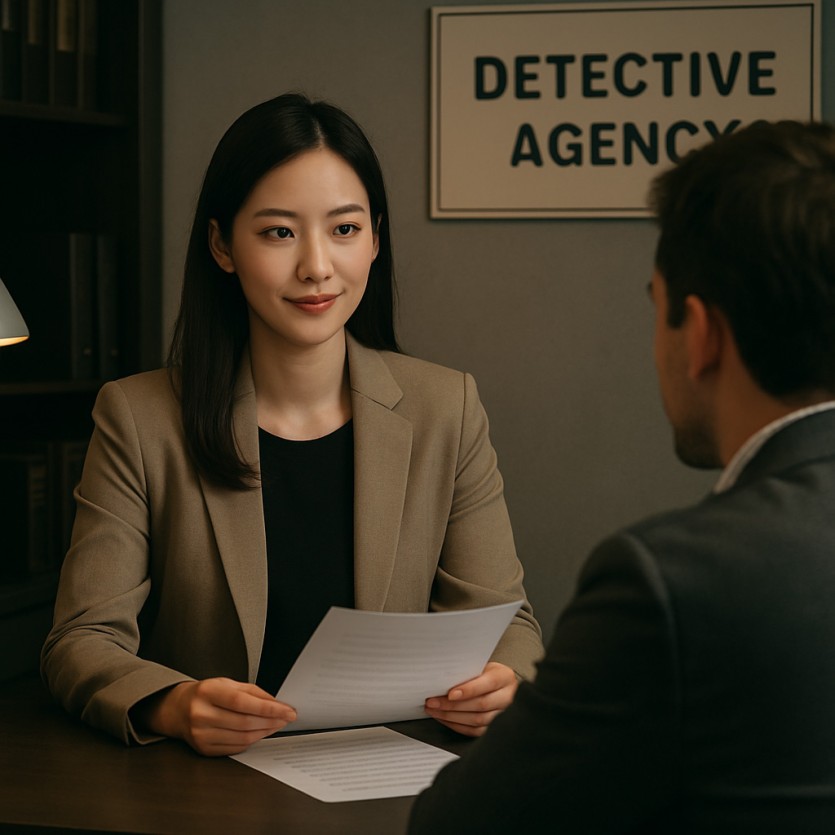 여탐정이 흥신소에서 의뢰인과 마주 앉아 비용 상담을 진행하는 장면